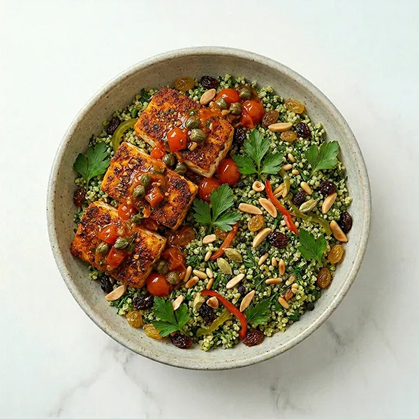 Paprika Crusted fish with Tomato-Caper Sauce and herb quinoa